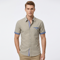 Chemise décontractée à manches courtes rayée pour homme, col rabattu, tissu popeline respirant, style été, blanc, coupe ample, bouton unique, 140g