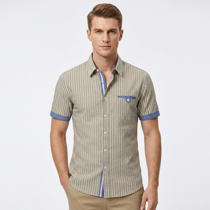 Camisa Casual de Manga Corta a Rayas para Hombre, Cuello Clásico, Tela Popelina Transpirable, Estilo Veraniego, Blanca, Holgada, con un Solo Botón, 140g - Product Image 3