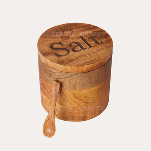 Bol à sel et poivre en bois d'acacia biologique Boîte à épices ronde avec cuillère Outil d'herbes et d'épices pour usage domestique - Product Image 4
