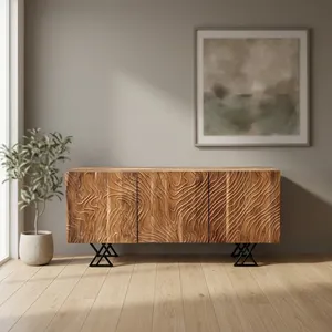 Buffet vintage en bois indien recyclé à trois portes, meuble TV avec pieds en métal, meuble de rangement rustique - Product Image 5