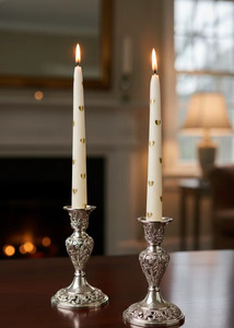 Tapered White <b>Paraffin</b> Wax Candles Gold Heart Motifs Silver Candle Holders Smokeless Handmade Customized Fragrance Valentine'S - Product Image 2
