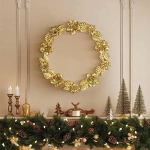 Corona Floral Dorada Redonda de Metal, Decoración Navideña para Colgar en la Pared, Estilo Glam, Hecha a Mano, Sin Iluminación, Paquete Individual - Product Image 1