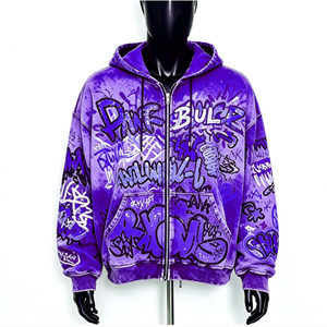 Sudadera con capucha y cremallera para hombre con estampado de grafiti morado, estilo urbano, de forro polar oversize, corte regular, para otoño - Product Image 1