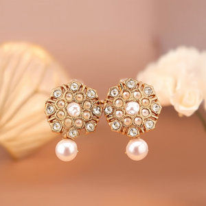 Gold Pearl and Diamond Stud Earrings-Vintage Cute Classic Style for Party Wedding - Product Image 3
