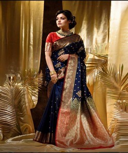 Sari Tradicional Indio de Seda Modal y Algodón, con Borde Azul y Dorado, para Bodas y Fiestas, Estilo Banarasi, Largo hasta el Suelo, para Mujer - Product Image 1