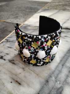 Handmade Embroidered Hinged Cuff Bracelet with Shell Beads and Gold <b>Mirror</b> Boho Fashion Jewelry - Product Image 2