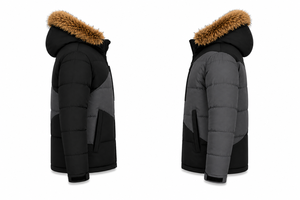 Custom Mens Winter Puffer <b>Jacket</b> Water Repellent Ripstop Shell Embroidery Patch Detachable <b>Fur</b> <b>Hood</b> Color Blocking - Product Image 3