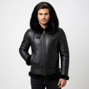 Veste en cuir slim fit à capuche pour homme, doublée de fourrure, style motard, en cuir de vachette de qualité supérieure, style anglais, séchage rapide, pour l'hiver - Product Image 1