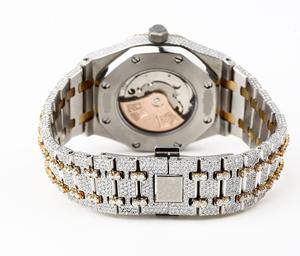 Montre de luxe pour homme avec bracelet en acier inoxydable, sertie de moissanite taille ronde qualité VVS, ton or jaune, analogique, style hip-hop - Product Image 5