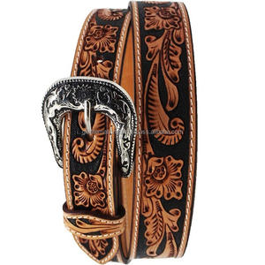 Diseño tallado a mano y pintura floral grabado cinturón de cuero occidental de moda masculina de la mejor calidad con hebilla floral antigua - Product Image 5