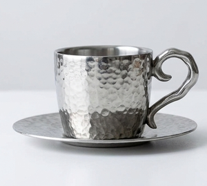 Hammered Stainless Steel Tea <b>Cup</b> with <b>Saucer</b> Silver Metal Drinkware with Unique Handle - Product Image 4