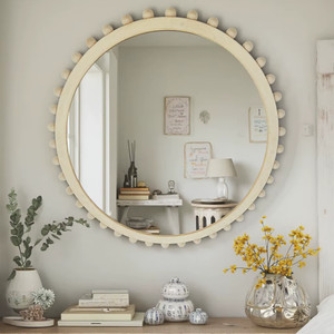 Unique Round Wood & Bone Inlay <b>Framed</b> Glass Wall <b>Mirror</b> with Beads Handcrafted Contemporary Decorative Wall Art REHMAN CRAFT - Product Image 1