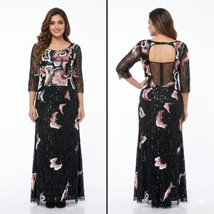 Vestido de Noche Moderno para Mujer, Negro, con Lentejuelas Bordadas, Corte en A |   Vestido de Fiesta Largo hasta el Suelo con Manga Media, Estampado Floral y Espalda Descubierta - Product Image 1