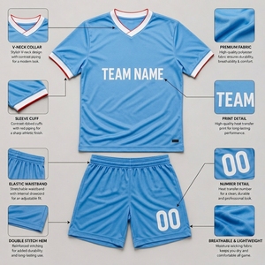 Maillot de football bleu clair pour homme, col en V, manches courtes, imprimé par transfert thermique, personnalisable avec le nom de l'équipe, polyester respirant - Product Image 5