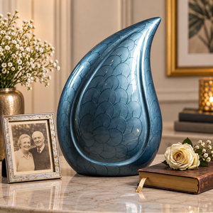 Urne funéraire bleu océanique avec texture ondulée superposée, forme de goutte distinctive, porte-cendres commémoratif, décoration funéraire pour la maison - Product Image 1
