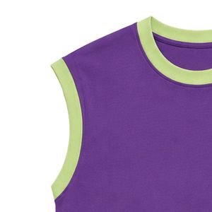 Camiseta sin Mangas Morada con Ribete Verde Claro para Mujer, Chaleco Casual de Verano de Algodón, Cuello Redondo, Estilo OEM Personalizado - Product Image 6