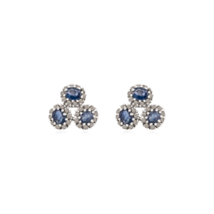 Classy Three Stone Cluster Natural Blue Sapphire Gemstone Beautiful Handmade 925 Sterling <b>Silver</b> <b>Stud</b> Earrings for Girls - Product Image 1