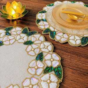 Pastel Floral Embroidered Knitted Round Polyester/Cotton Eco-Friendly Home & Hotel Use <b>Placemat</b> <b>Cream</b> Pink Gold Table Decor - Product Image 2