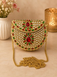 Kundan Evening Bag Beaded Stone <b>Clutch</b> Purse Gold Chain Handbag Flap Shoulder Bag for <b>Wedding</b> Party - Product Image 1