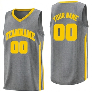 เสื้อบาสเก็ตบอลแบบกำหนดเอง คอวี แขนกุด ผ้าตาข่าย โพลีเอสเตอร์ 100% พิมพ์ชื่อทีมและหมายเลขด้วยเทคนิค Sublimation สำหรับผู้ใหญ่ ใส่ได้ทั้งชายและหญิง สีเทาเหลือง - Product Image 3