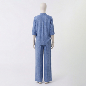 Women 2 Piece Long <b>Set</b> Blue Solid Cotton Oxford Mandarin Collar Top Wide Leg Pants Casual Spring Summer Regular Fit High Street - Product Image 2