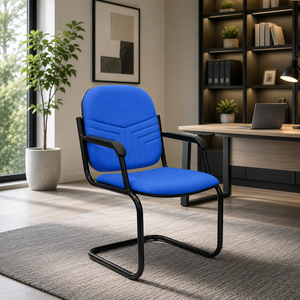 Chaise de bureau exécutive moderne en tissu bleu avec accoudoirs fixes et structure métallique, confortable pour une utilisation à domicile ou au bureau - Product Image 1