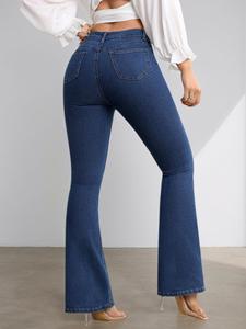 Jean évasé taille haute en denim pour femme, longueur intégrale, couleur unie, boutonnage frontal, style décontracté, en coton, collection automne - Product Image 2