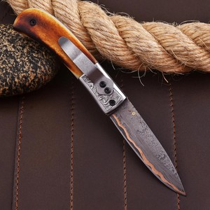 Hand Forged Copper Damascus Folding <b>Knife</b> with Burnt <b>Bone</b> <b>Handle</b> and Leather Sheath Custom CuMai EDC Pocket Hunting <b>Knife</b> - Product Image 2
