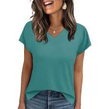 T-shirt en coton pour femme, coupe ajustée, col en V, manches courtes, décontracté, avec bordure en dentelle, couleur unie, tissu froissé, pull-over, haut pour tous les jours - Product Image 2