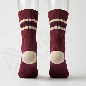 Burgundy Crew <b>Socks</b> With White Stripes And Cream Toe Breathable Knitted For Casual Wear Adults - Product Image 2