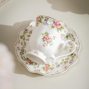 French Antique Style Embossed Floral Pattern Ceramic Coffee <b>Tea</b> <b>Cup</b> <b>and</b> <b>Saucer</b> Set - Product Image 2
