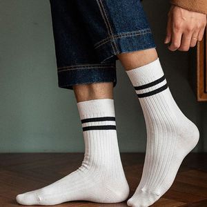 Chaussettes de sport côtelées pour hommes, respirantes, absorbant la transpiration, rayées, décontractées, pour le bureau, chaussettes longues côtelées rayées en coton - Product Image 4