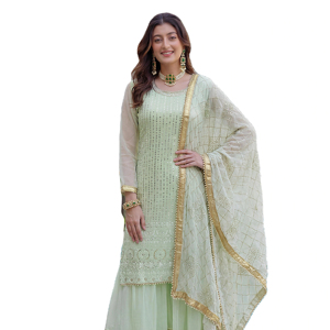 Nouvel ensemble Sharara Gharara Kurti traditionnel indien brodé pour l'hiver, en tissu Faux Georgette, coupe ample, style pakistanais de créateur - Product Image 1
