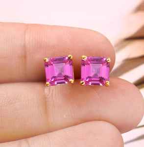 Pendientes de zafiro rosa con corte Asscher, plata de ley 925, chapados en oro de 14 quilates, joyería de boda para mujer - Product Image 4