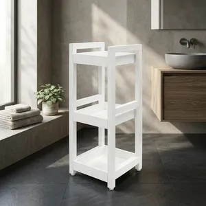 Étagère de rangement en bois blanc minimaliste à 3 niveaux pour la salle de bain, design gain de place - Product Image 2