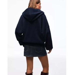 Women's Navy Hooded <b>Zip</b>-<b>Up</b> Sweatshirt Full Sleeve Knitted Cotton Solid Color Winter Wear 2Pcs Front - Product Image 2