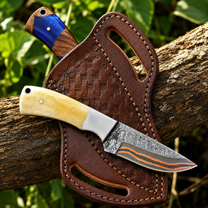 MAYSARA IMPEX Copper Damascus Steel Cowboy Hunting <b>Knife</b> Camping <b>Knife</b> with Leather Sheath & <b>Bone</b> Antler <b>Handle</b> - Product Image 5