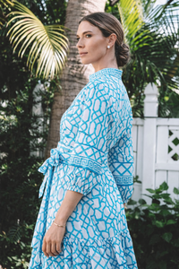 Vestido Midi Bohemio Cruzado de Algodón Estampado Azul para Mujer, Cuello en V, con Cinturón, Ecológico, de Manga Larga, para Verano, Playa, Resort, Casual - Product Image 2