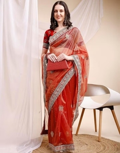 KV <b>Red</b> Organza Embellished Soild Saree With Unstitched <b>Blouse</b> - Product Image 1