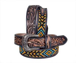 Ceinture en cuir brodée de style occidental avec motif géométrique perlé, boucle en alliage d'argent, style ethnique décontracté, ceinture artisanale durable - Product Image 1