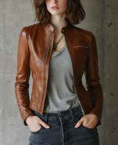 Chaqueta de cuero para mujer de alta calidad al por mayor, talla grande, estilo motero, color marrón, ajuste ceñido, con cremallera, informal y a la moda. - Product Image 2