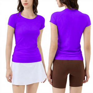 เสื้อยืดคอกลมแขนสั้นสำหรับผู้หญิง สีพื้น ระบายอากาศได้ดี เป็นมิตรกับสิ่งแวดล้อม แห้งเร็ว ผ้าสแปนเด็กซ์/ไนลอน ยับยาก ทรงเข้ารูป - Product Image 5