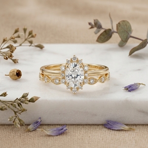 Oval Cut Lab Grown Diamond Halo Engagement Ring Set 14K/18K Gold Vintage Bridal <b>Infinity</b> Band Unisex Prong Setting - Product Image 5