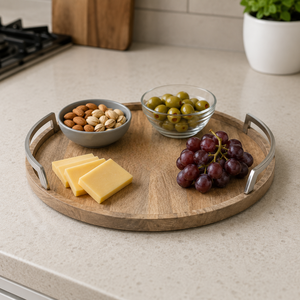 Bandeja Redonda de Madera Premium con Asas Metálicas, Decorativa para Desayuno, Café, Otomana, Plato de Comedor, Organizador para el Hogar y la Cocina - Product Image 3