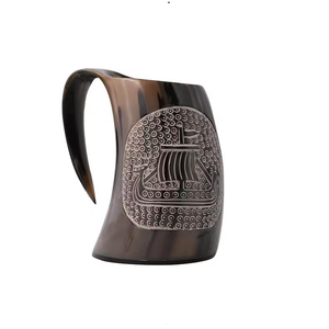 Authentic Viking Drinking Horn Mug Handcrafted <b>Black</b> Buffalo Horn Tankard Medieval Style for Home Bar and Party Use - Product Image 1