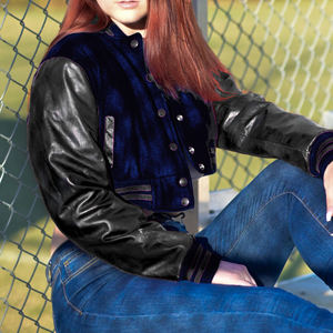 Veste courte universitaire pour femme, bleu marine, style Letterman, manteau bomber, manches en similicuir, vêtement d'extérieur décontracté, mode féminine - Product Image 1