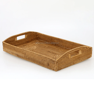 Customized Sizes Hand-Woven Wicker Rattan Decorative Serving <b>Tray</b> <b>Handles</b> High Quality Lacquer Finish Modern Tableware Beverage - Product Image 3