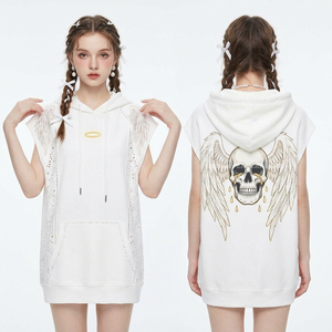 Women 500GSM <b>White</b> <b>Zip</b> <b>Up</b> Hoodie Heavyweight Fleece Lace Patchwork Halo Print Angel Wing Skull Back Graphic Sweatshirt - Product Image 2