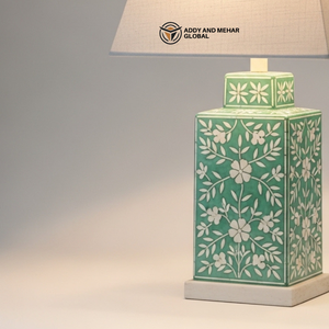 Lanterne de table artisanale en os vert incrusté, motif floral, lampe décorative de chevet carrée de luxe avec abat-jour en tissu pour la maison - Product Image 5