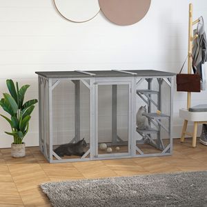 Casetta per Gatti da Esterno in Legno Grigio 180x80 cm, Grande Recinto per Animali Domestici da Interno con 3 Piattaforme e Tetto in Asfalto per Piccoli Animali e Cani - Product Image 2